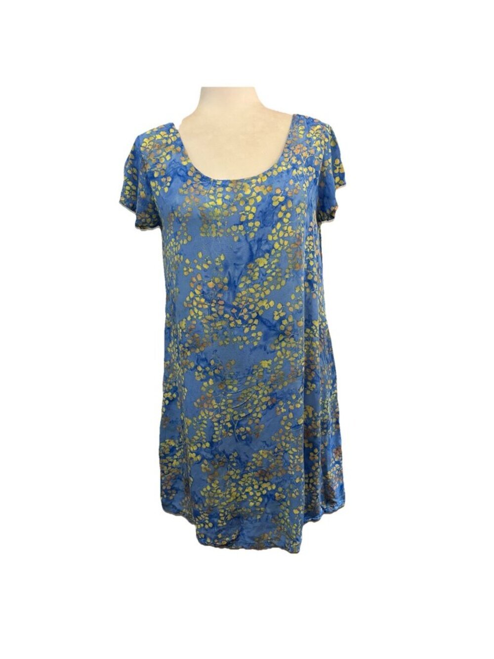 Dragonfly Handmade Floral Short Sleeve Back Laced Blue Yellow Dress Coastal Sz S